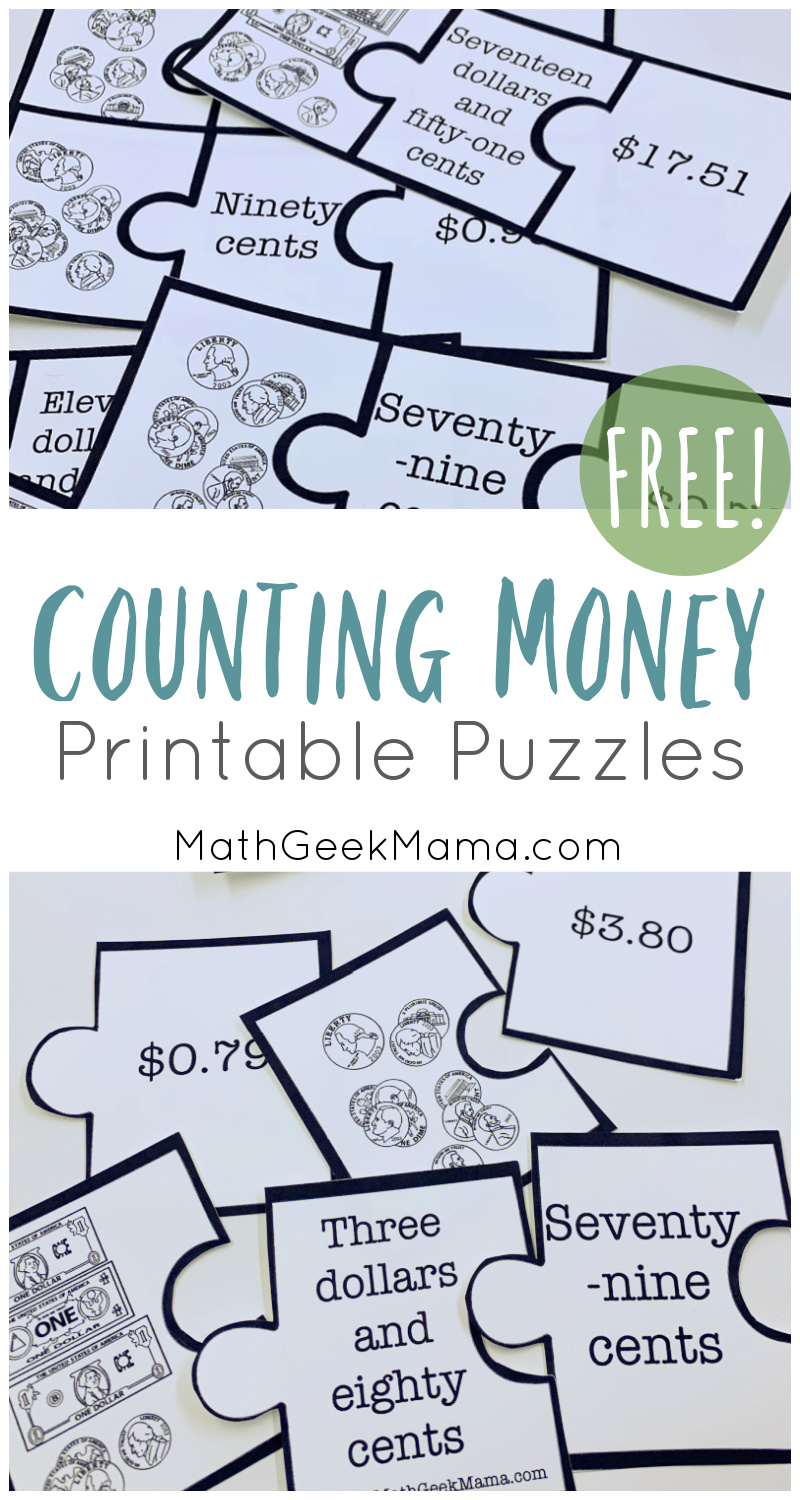 Counting Money Printable Puzzles text with image background of examples of printable money puzzle for kids