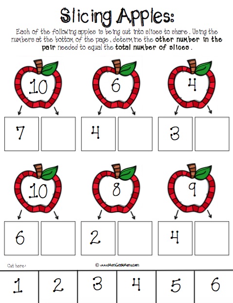 Cute, FREE printable pages to help kids work on number bonds! Use apple slices for a fun hands-on approach! 