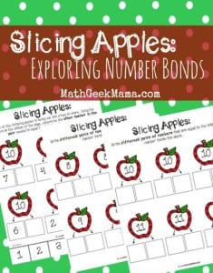 Cute, FREE printable pages to help kids work on number bonds! Use apple slices for a fun hands-on approach!