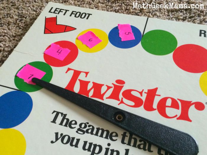 Use the classic game Twister to practice all sorts of math facts! A great way to get kids moving and learning at the same time!