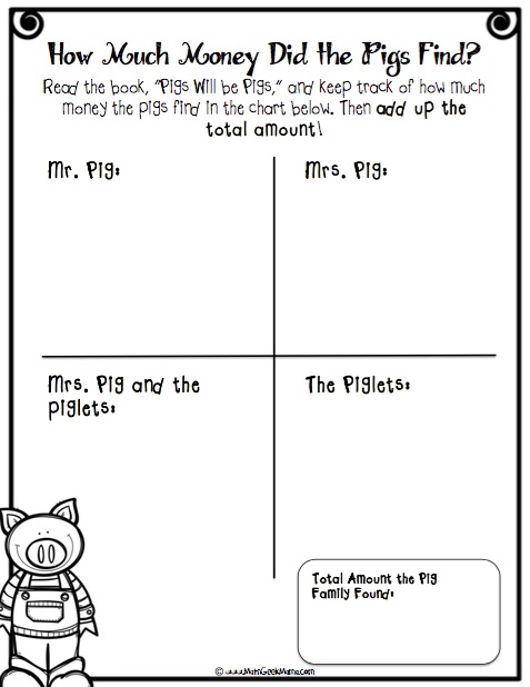Fun and FREE extension lessons to help kids learn about money with the book, "Pigs Will Be Pigs!"