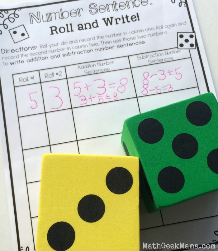 Number Sentence Roll and Write {FREE!}