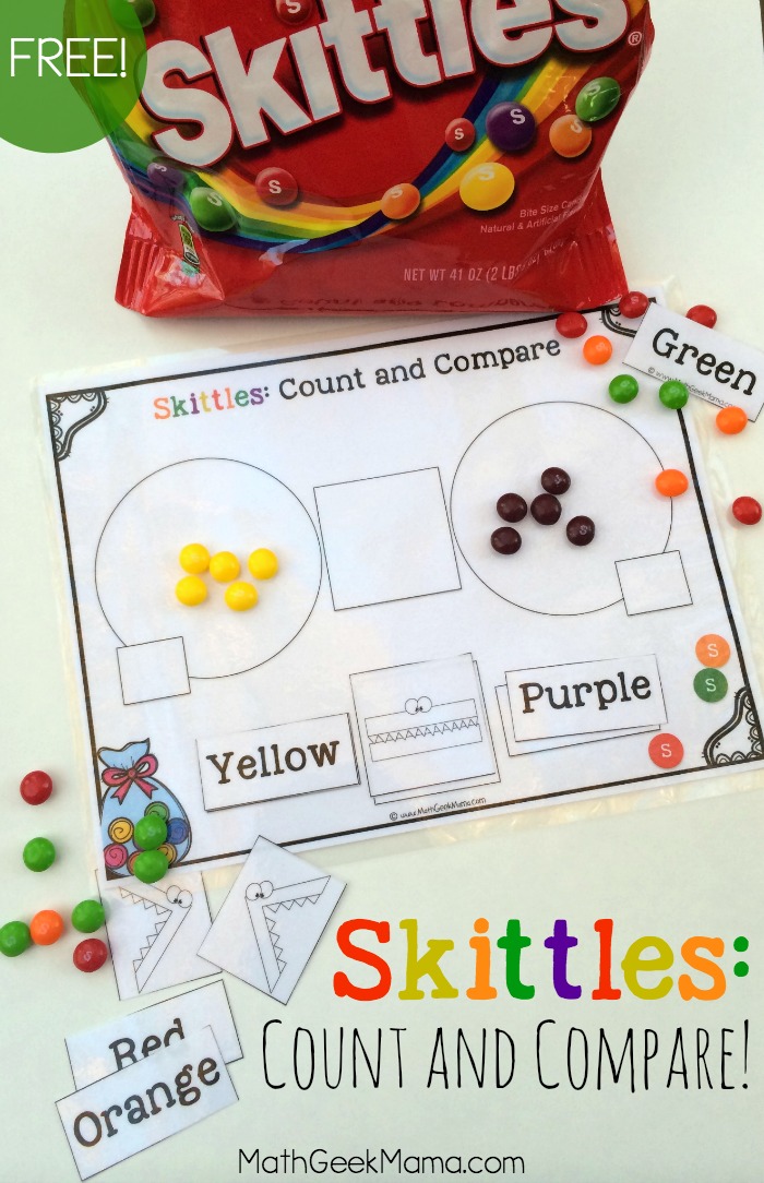 This fun and free Skittles Math printable pack is a great way to help kids practice counting as well as comparing numbers! Three different ways to use it, depending on the age of your kids! 