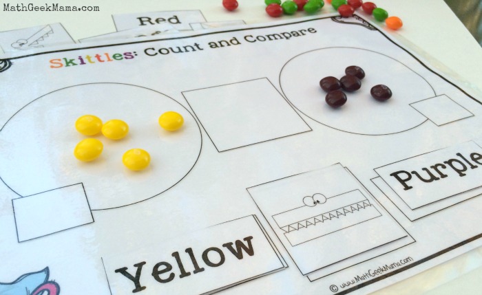 This fun and free Skittles Math printable pack is a great way to help kids practice counting as well as comparing numbers! Three different ways to use it, depending on the age of your kids! 