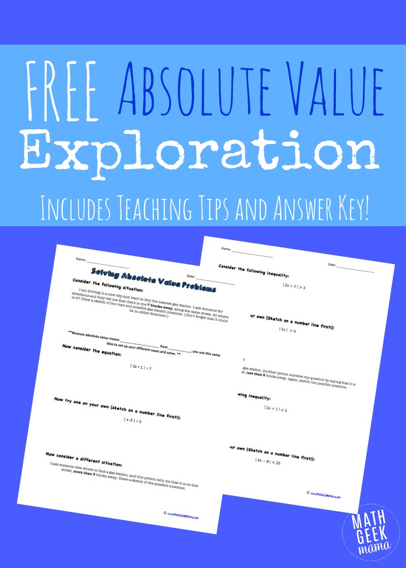 This free absolute value exploration will help you teach absolute value problems in a way that makes sense to students! Take the mystery out of absolute value equations with this fun lesson!