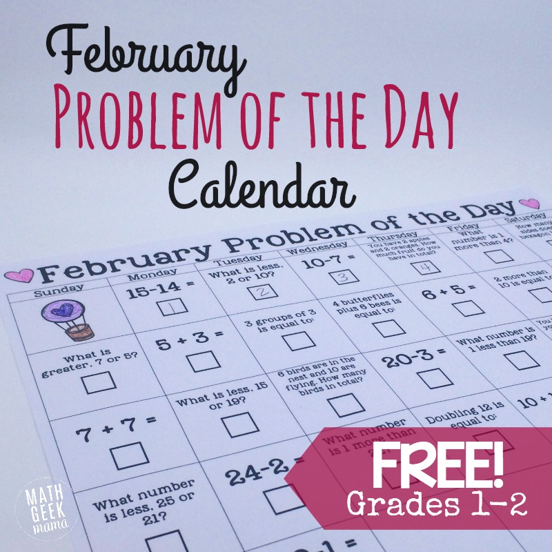 This low-prep printable calendar is a great way to let kids do a math problem of the day each day in February! This free calendar is perfect for grades 1-2!