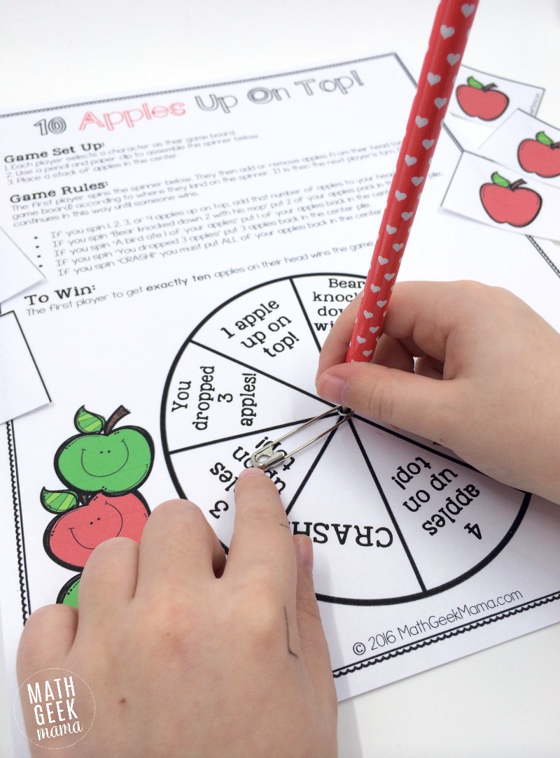 This super cute printable math game is perfect to play with the book, "Ten Apples Up On Top!" Kids can practice counting and adding and subtracting to 10! Plus, it's a great way to combine math and reading! 