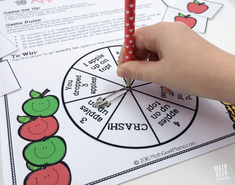 This super cute printable math game is perfect to play with the book, "Ten Apples Up On Top!" Kids can practice counting and adding and subtracting to 10! Plus, it's a great way to combine math and reading! 