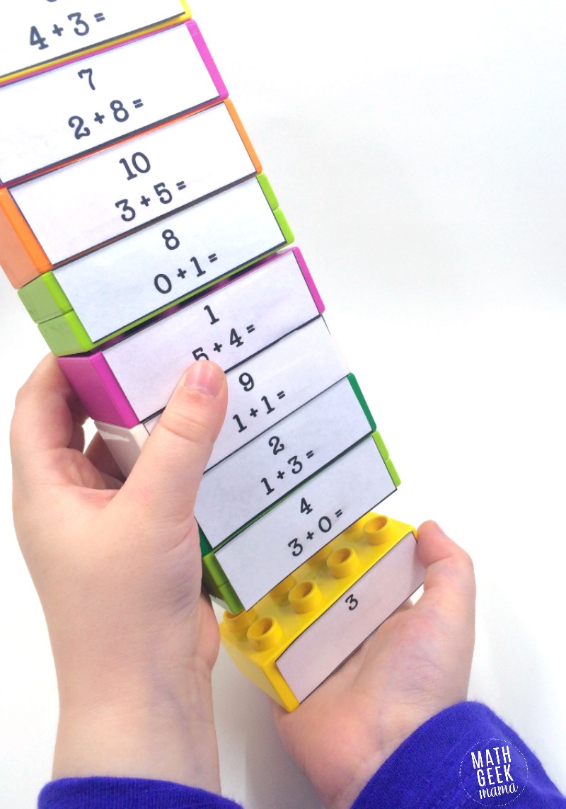 This idea for practicing math facts is brilliant! These LEGO duplo math puzzles are such a fun way for kids to practice and increase fact fluency!