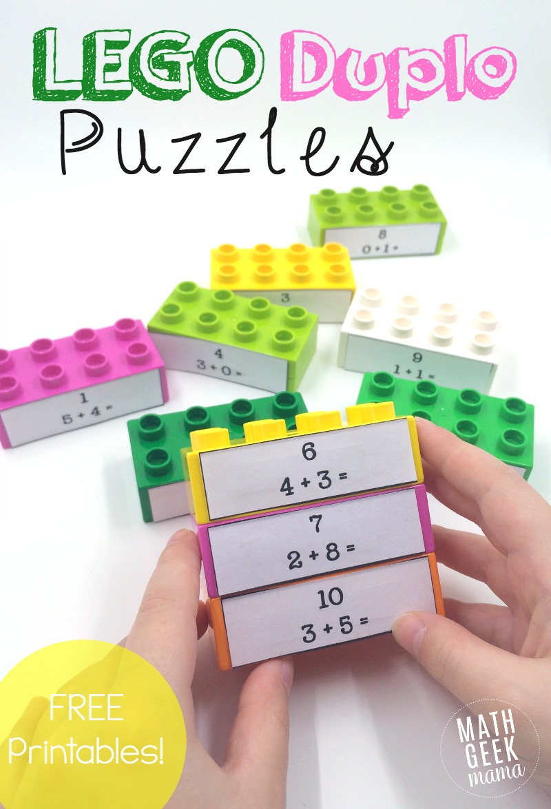 Lego Duplo Puzzles text with image background of different colored Legos with numbers printed on the side of them for counting and adding