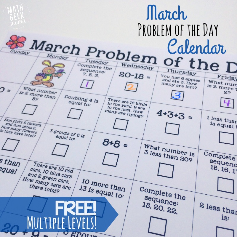 This fun printable Math Problem of the Day Calendar is a fun and simple way to weave math into everyday! Two different levels for multiple ages of kids to enjoy!