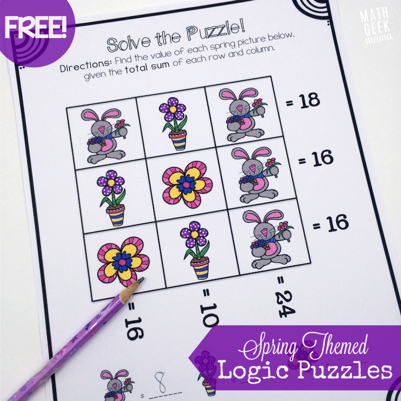 This cute set of spring themed logic puzzles is perfect for helping kids' problem solve and develop algebraic thinking! Free set of 3 logic puzzles!
