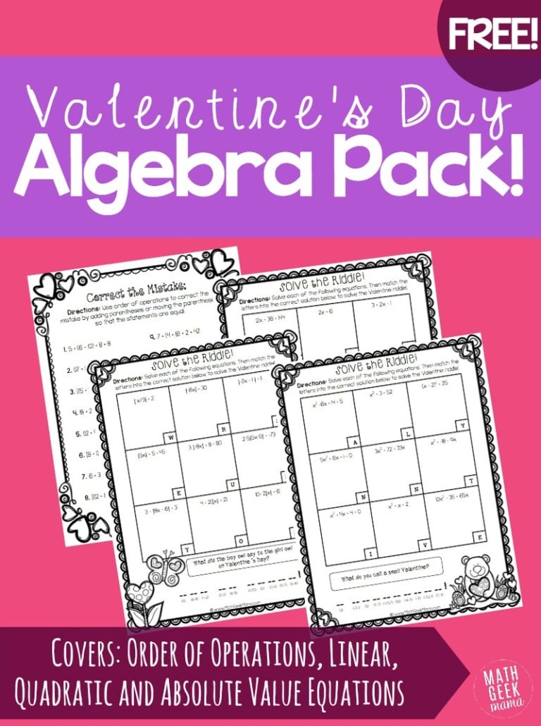 Valentine’s Day Algebra Practice Pack! {FREE!}