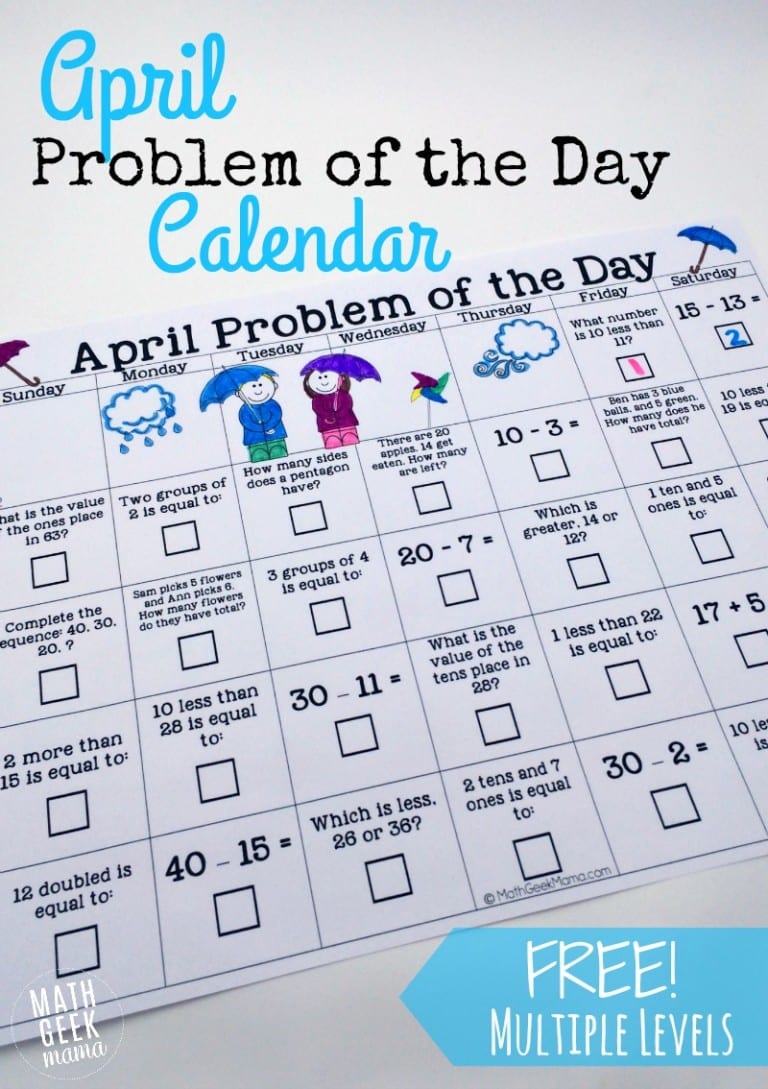 April Math Problem of the Day Calendar {FREE}