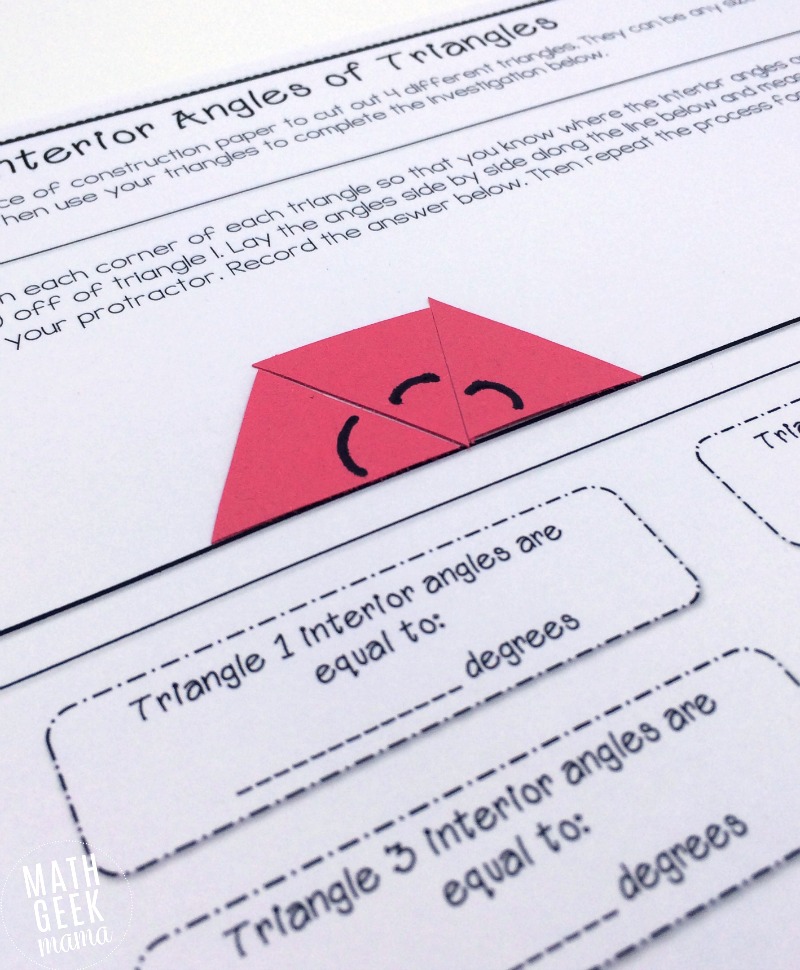 These hands on geometry lessons are such a great way to help kids see the relationship between the interior and exterior angles in triangles! This free download is simple to use and includes teaching tips and an answer key!