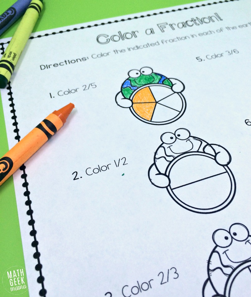 This fun printable pack is perfect for Earth Day! Several different FREE activities to help kids recognize fractions, compare fractions and equivalent fractions. 