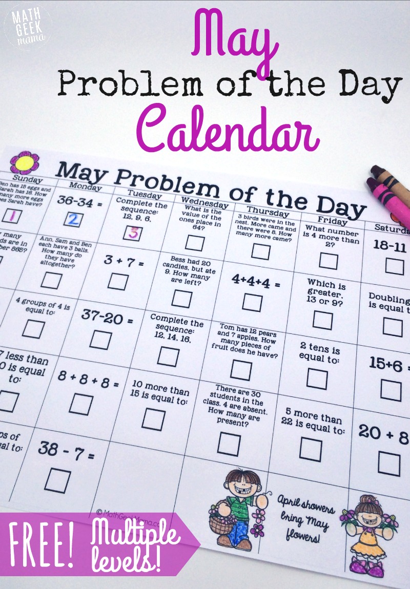 This fun and unique daily math challenge is a great way to weave a little math into your day! Easy to use, this May Math Problem of the Day calendar is perfect for Kindergarten through fifth grade!
