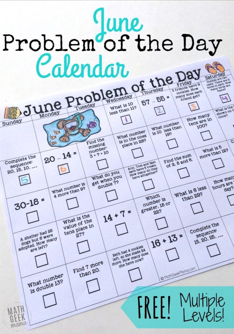 June Math Problem of the Day Calendar