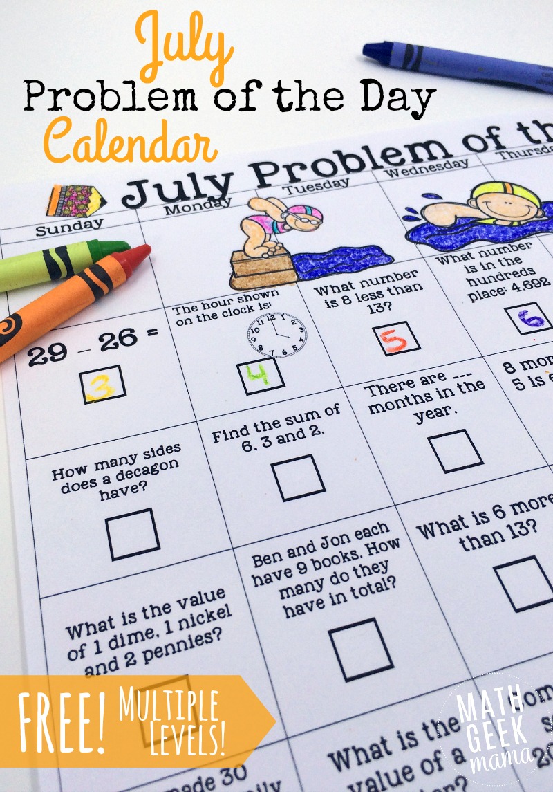 This fun and simple to use math calendar is the perfect way to keep math skills sharp! Each free July Math Problem of the Day calendar includes a variety of review for Kindergarten to 2nd grade, as well as 3rd grade to 5th grade. 