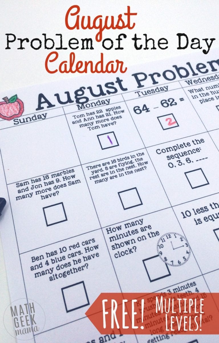 August Math Problem of the Day Calendar
