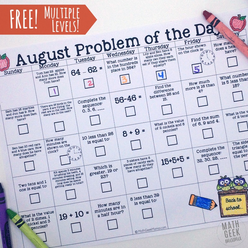 This cute set of math calendars is such a fun, simple and low prep way to weave in daily math practice! The August problem of the day calendar covers a wide variety of skills, and includes 2 versions for grades K-2 and 3-5.