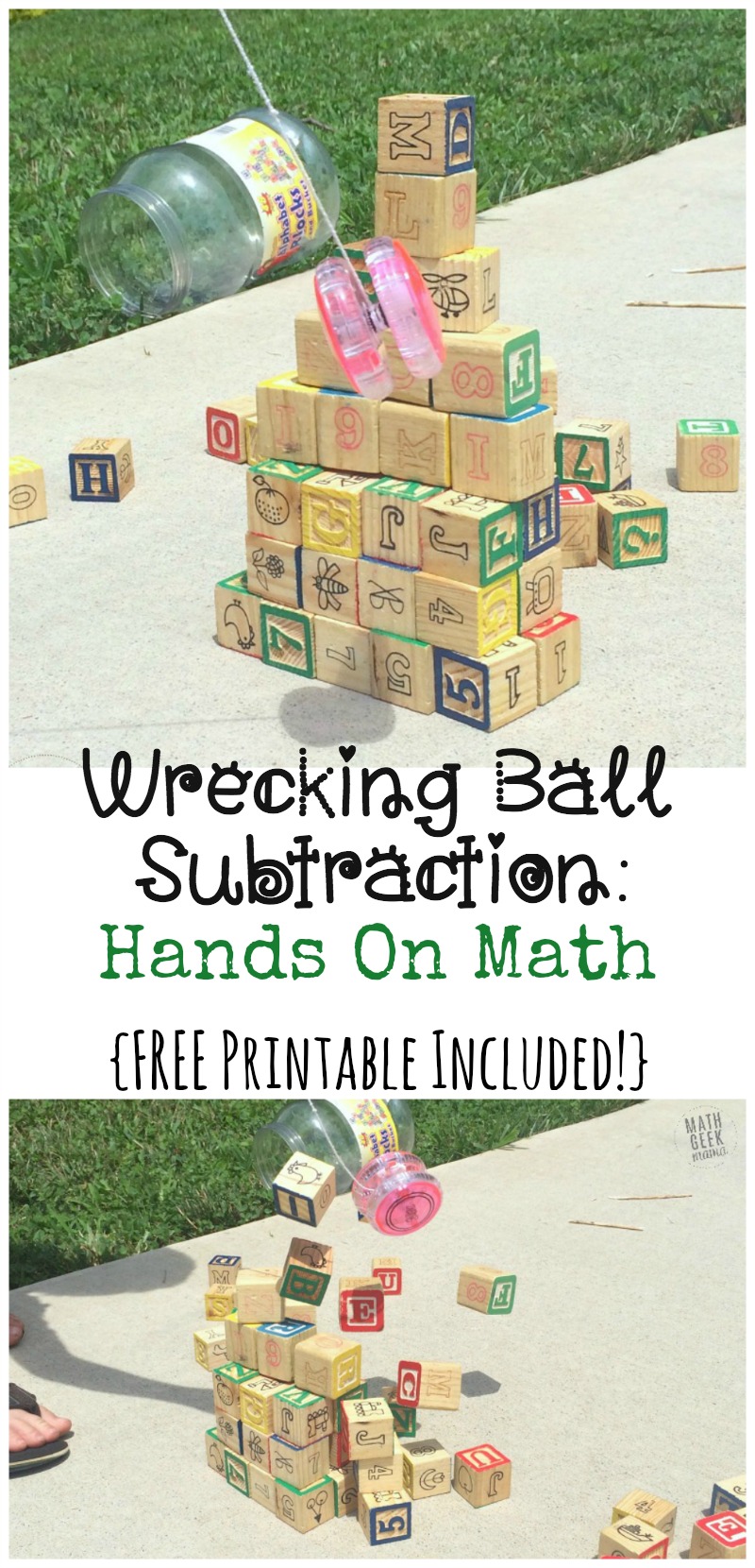 This easy subtraction game is sure to be a hit with your kids! Who doesn't love building a tower and knocking it down? Use this fun activity to model subtraction and practice writing equations. (Printable recording page included)