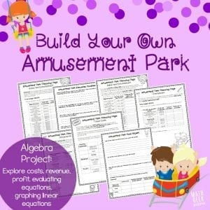 This extensive Algebra porject will challenge kids to think through a fun and engaging business idea: designing their own amusement park! In this project they will learn about costs, revenue and profit as well as apply their understanding of linear equations to a real world example. Perfect for Pre-algebra or Algebra 1 students. 