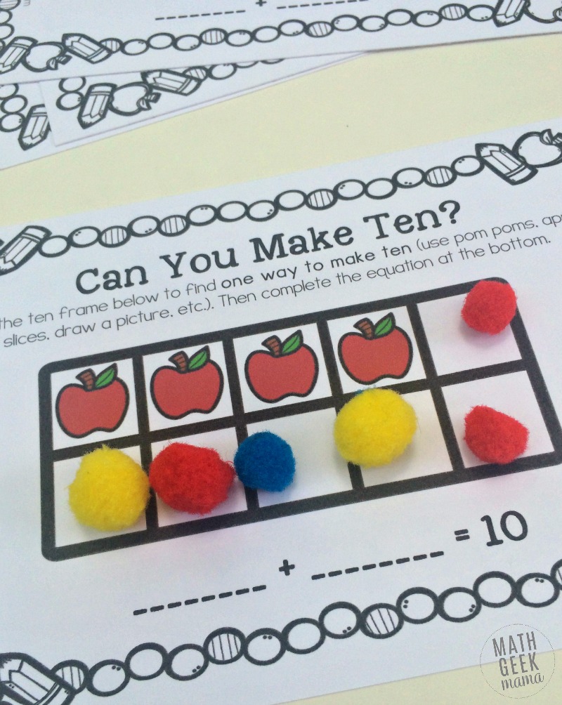 Help kids learn how to make ten and write number sentences with this adorable set of apple themed ten frame games!