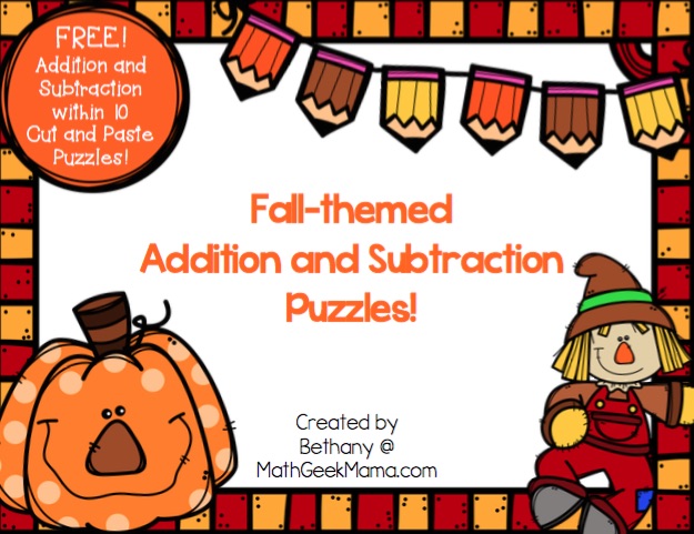 These adorable and simple to use addition and subtraction puzzles are perfect for Fall. Help kids increase their fact fluency as they solve the problems, and then place them in order to complete the puzzle. Then, glue them down for a fun finished product!