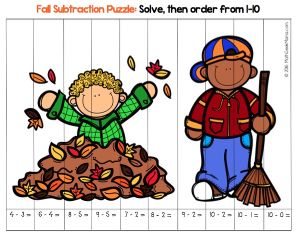 These adorable and simple to use addition and subtraction puzzles are perfect for Fall. Help kids increase their fact fluency as they solve the problems, and then place them in order to complete the puzzle. Then, glue them down for a fun finished product!