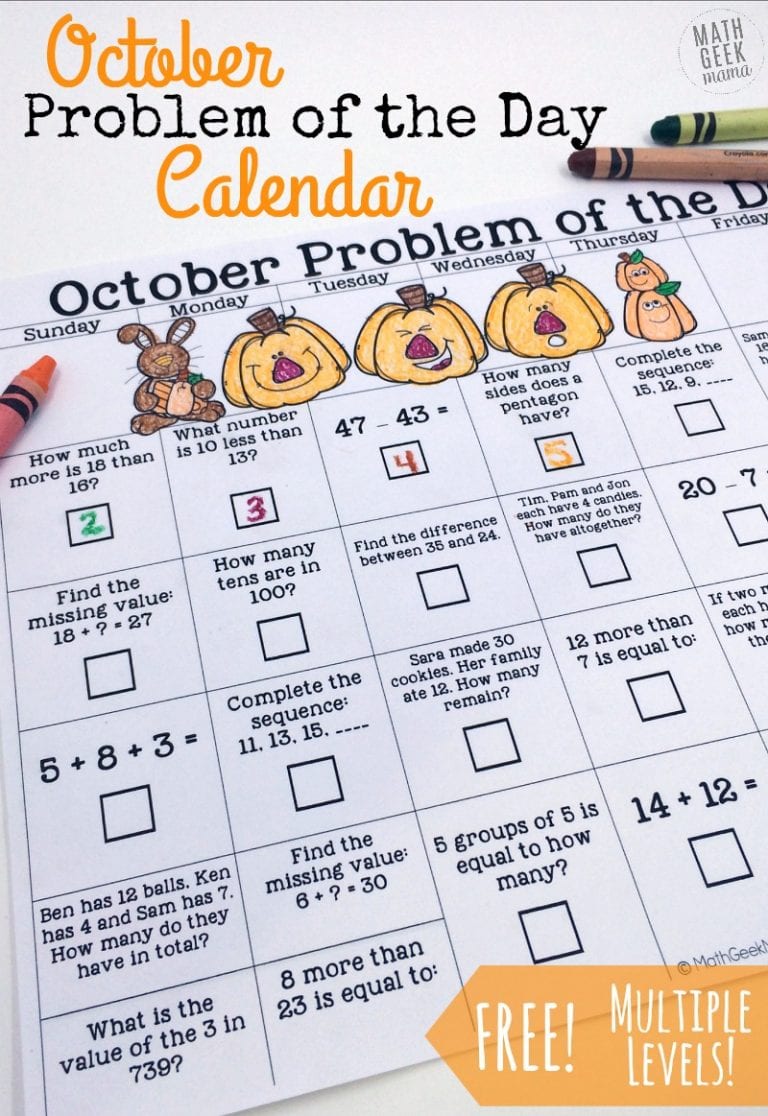 October Problem of the Day Calendar {FREE}