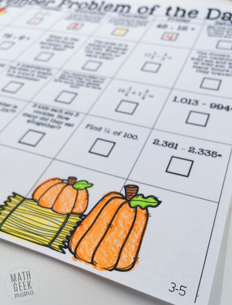 Looking for a simple, low-prep way to review important math facts? Download a FREE November problem of the day calendar which includes a different math problem for each day of the month! And kids will love the fun twist!
