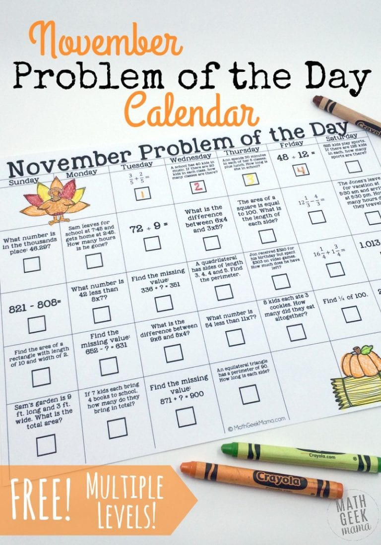 November Math Problem of the Day Calendar {FREE}