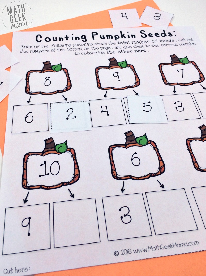 Looking for a fun way to help your kids practice number bonds to ten? This set of pumpkin-themed cut and paste pages is just the thing. Perfect for Fall, kids will love completing the number bonds by gluing in the correct numbers!