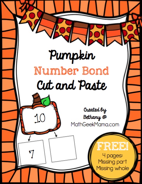 This adorable set of pumpkin-themed worksheets is perfect for working on number bonds to ten! This free download includes 4 pages of cut and paste practice, helping kids understand number bonds and increase their fact fluency. 
