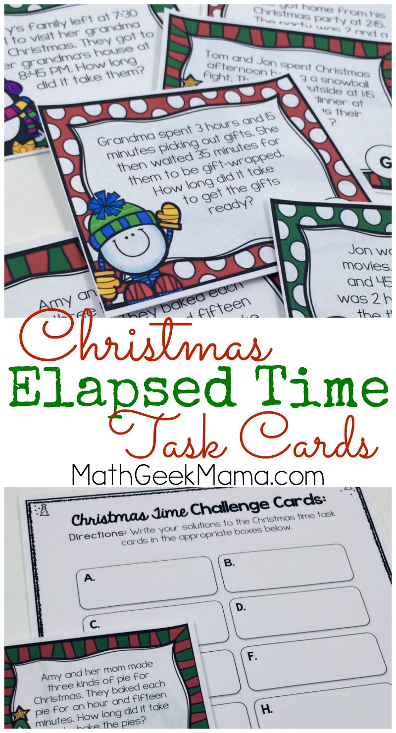 Practice time and elapsed time problems with these adorable Christmas themed task cards. Includes 12 cards with a recording page for answers. 