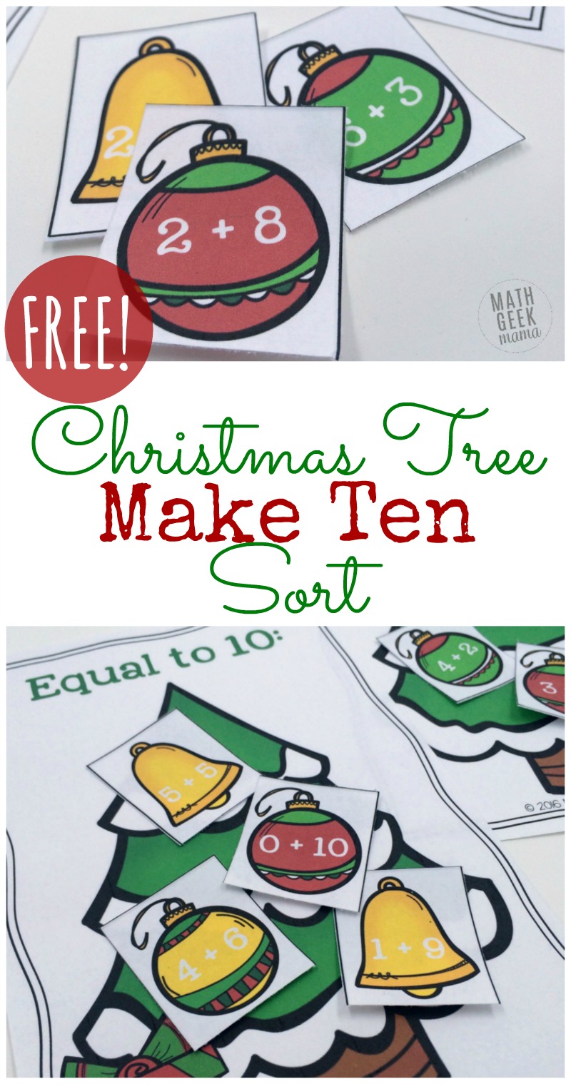 Help your kids work on addition facts, increase fluency and learn to make ten with this fun Christmas Tree Make Ten sort! Grab your free copy at MathGeekMama.com!