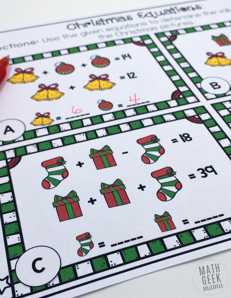 This set of FREE Christmas equation cards can be used by a variety of ages as a fun Christmas challenge to build algebraic thinking. Or you can use them as a fun way to introduce systems of equations in Algebra. 