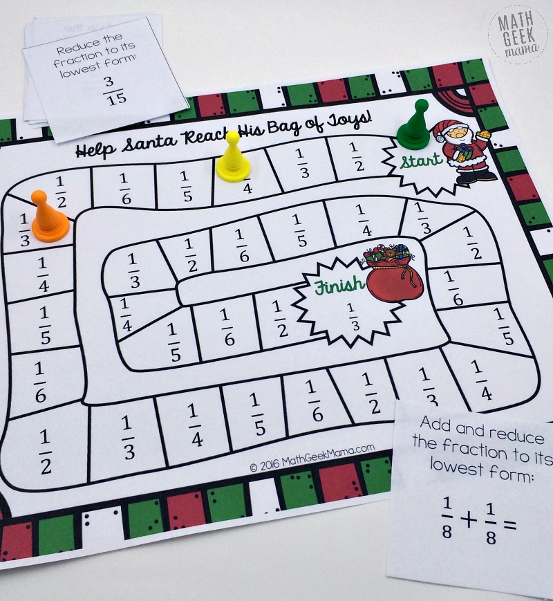 Grab this fun and easy to play Christmas fraction board game this December. Practice important fraction skills with your kids in a fun way!