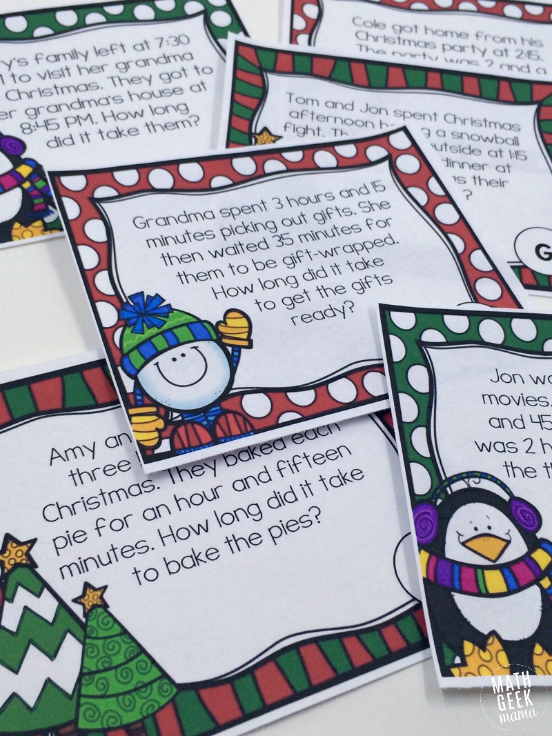 Practice time and elapsed time problems with these adorable Christmas themed task cards. Includes 12 cards with a recording page for answers. 