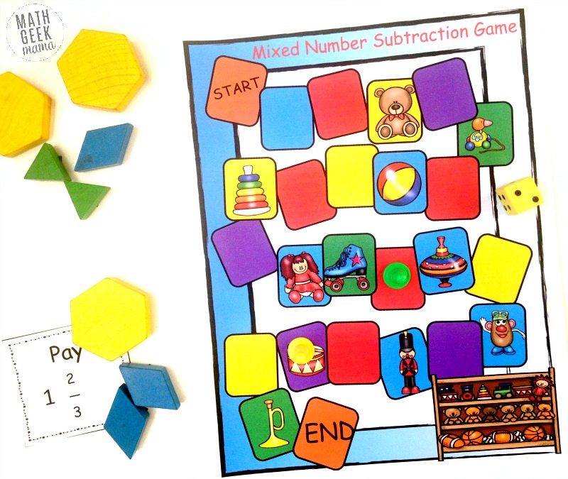 Subtracting mixed numbers is so tricky and can easily cause confusion but this hands on game using pattern blocks will make regrouping mixed numbers fun and simple!