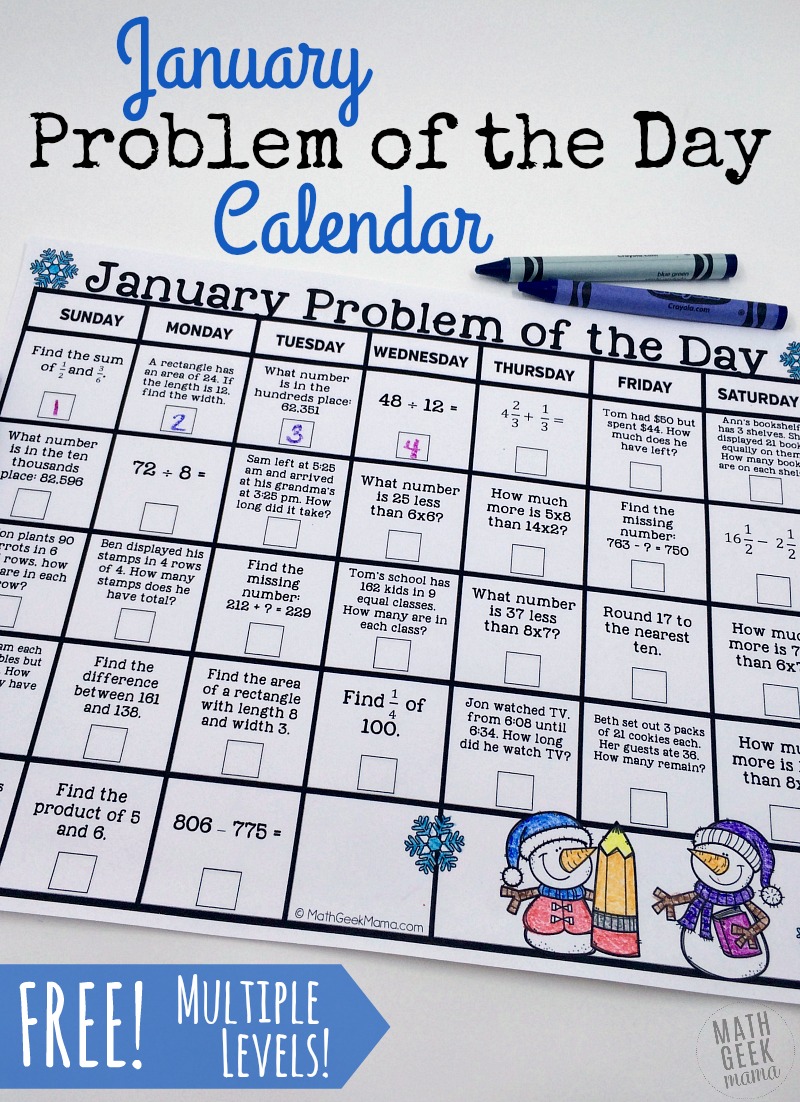 Looking for a fun new way to practice math each day? Try this set of January Problem of the Day Calendars! Each day a new math problem, covering a variety of skils. Includes 2 calendars for grades K-2 and 3-5.