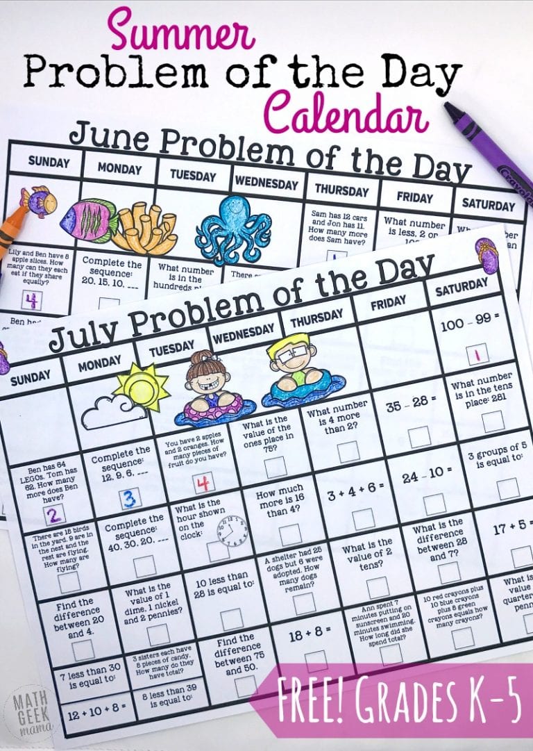 {Free} Summer Math Calendars for Grades K-5
