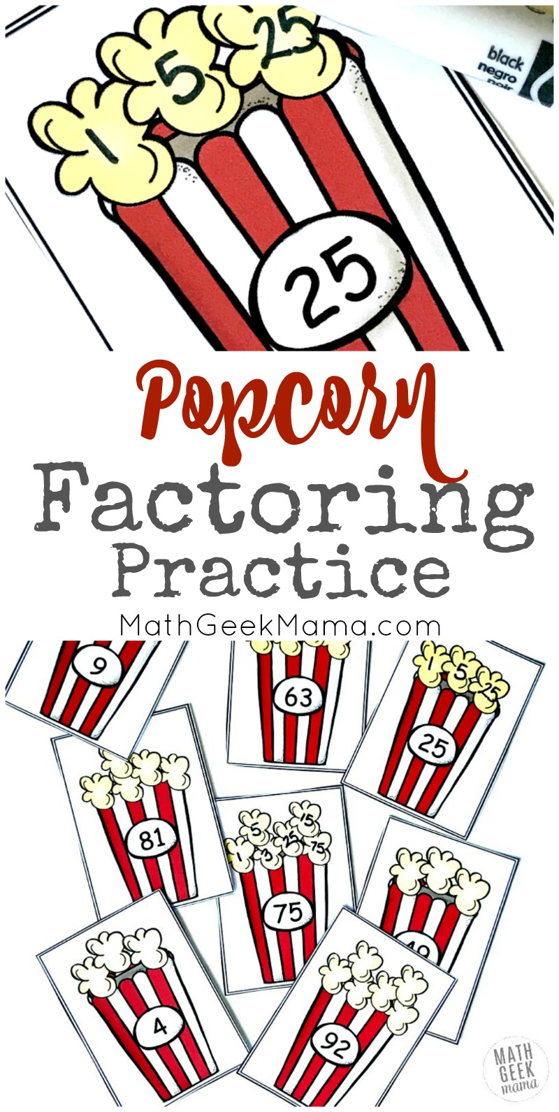 Looking for a quick and easy way for your kids to practice factoring? This popcorn factoring practice is perfect and adorable! Grab it free for independent practice or a math center. 