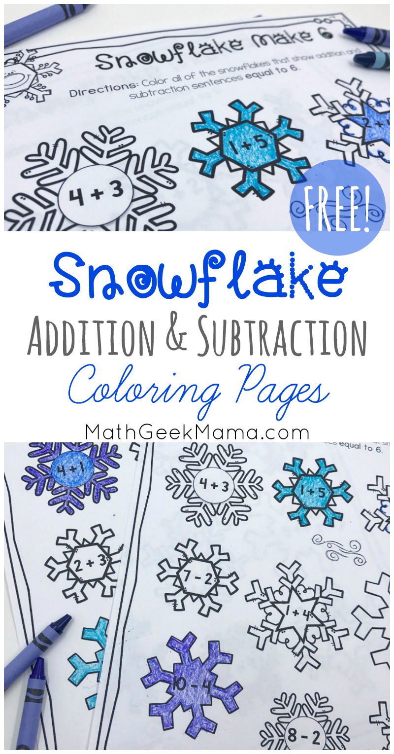 Want a cute and fun way to practice addition and subtraction facts to 10? These snowflake coloring pages are a great introduction to a discussion of patterns, composing and decomposing numbers and more. Get them FREE!