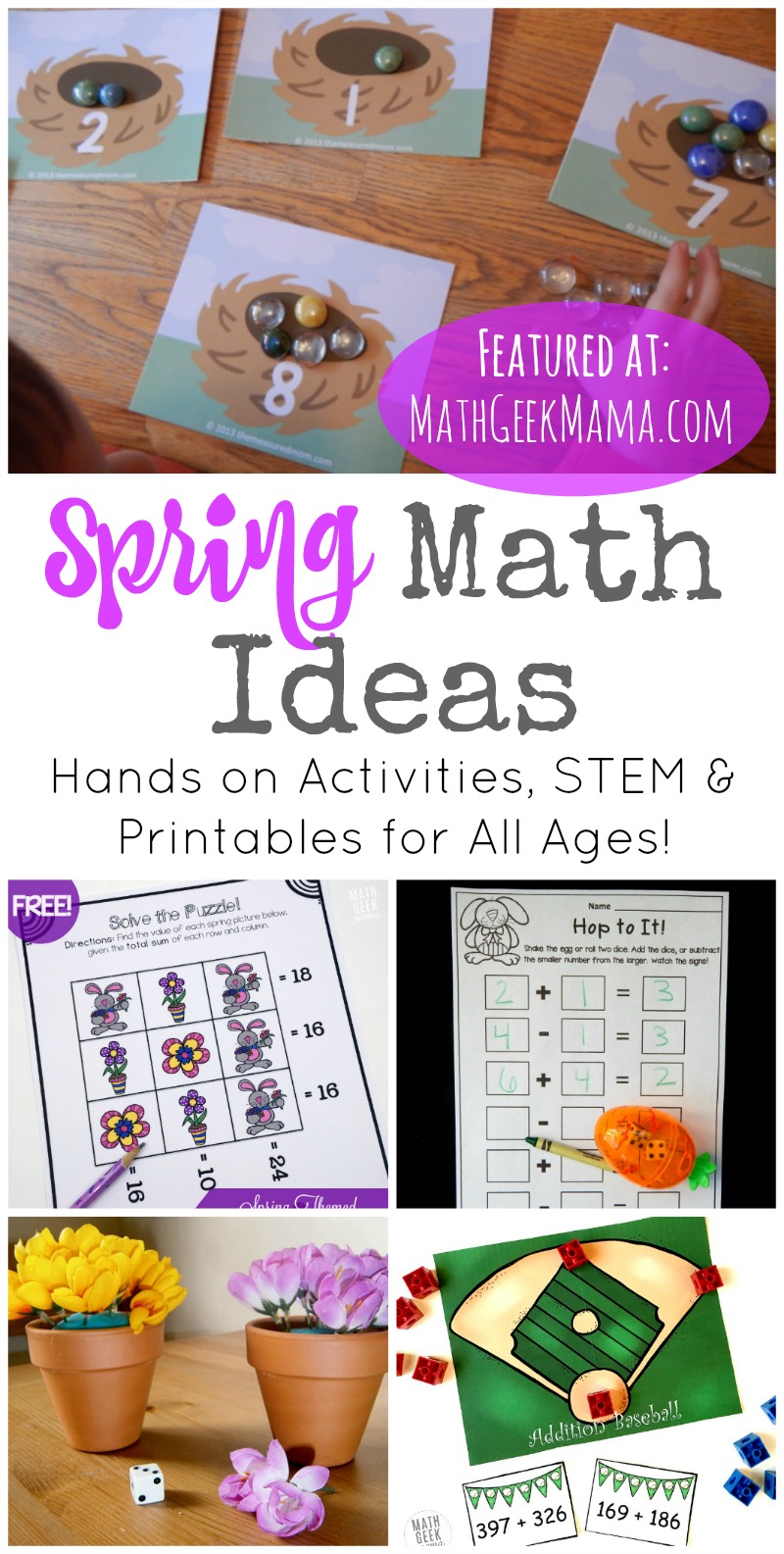 Looking for some new and fresh math ideas? This HUGE list includes more than 50 spring math ideas for all ages! You'll find low prep math worksheets, hands on activities, simple math games, spring STEM and more.