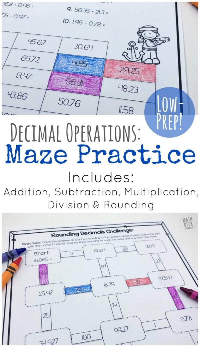 Low Prep Decimal Operations Mazes for Grades 4-6