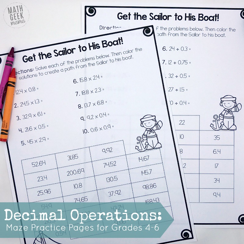 Looking for some easy, low-prep practice with decimal operations? This set of practice mazes is not only fun, but self-checking, making it a great independent math activity for kids in grades 4-6. Learn more about the decimal operations practice pages in this post.