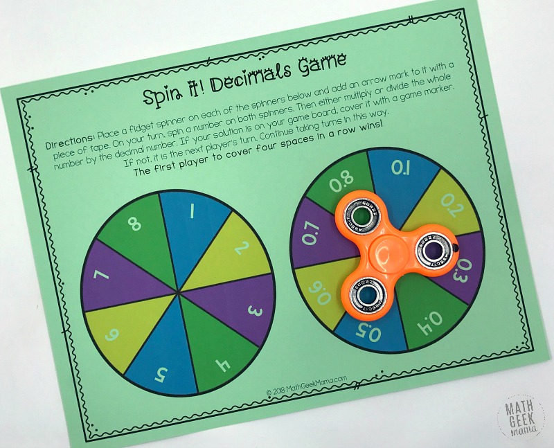 This game provides fun practice with decimals and is great for kids who love to use their fidget spinner! With this easy print and play game, kids will work on multiplying and dividing whole numbers with decimals. Plus, with blank game boards you can create even more variations!