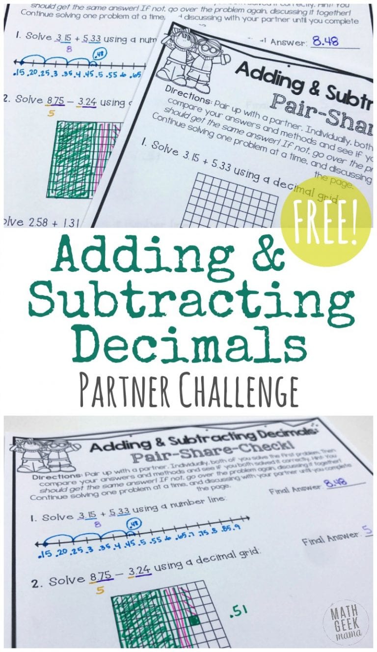 Adding & Subtracting Decimals Partner Challenge {FREE!}